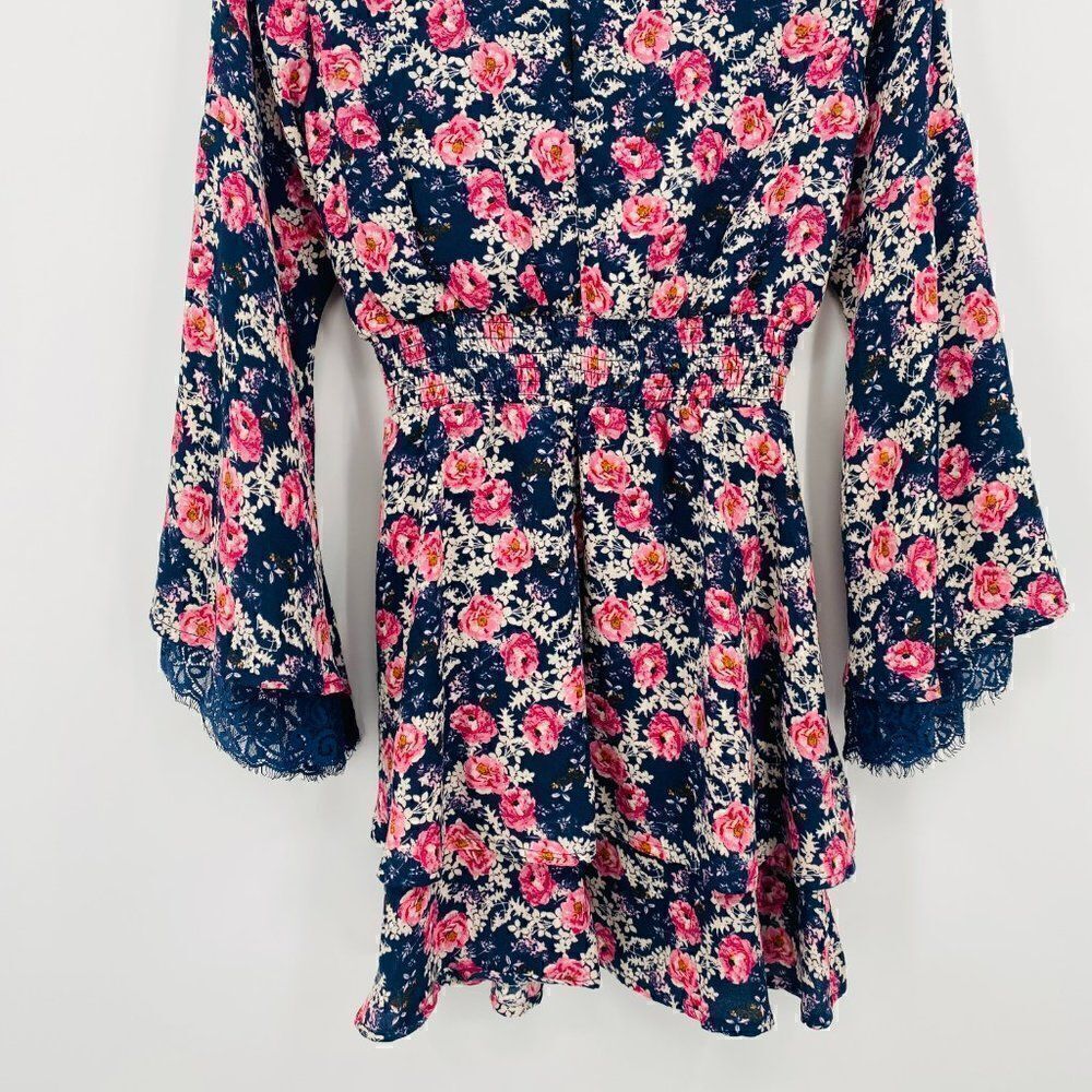 Altar'd State Size XS Navy Blue & Pink Floral Claudine Bell Sleeve Boho Dress - Picture 9 of 10